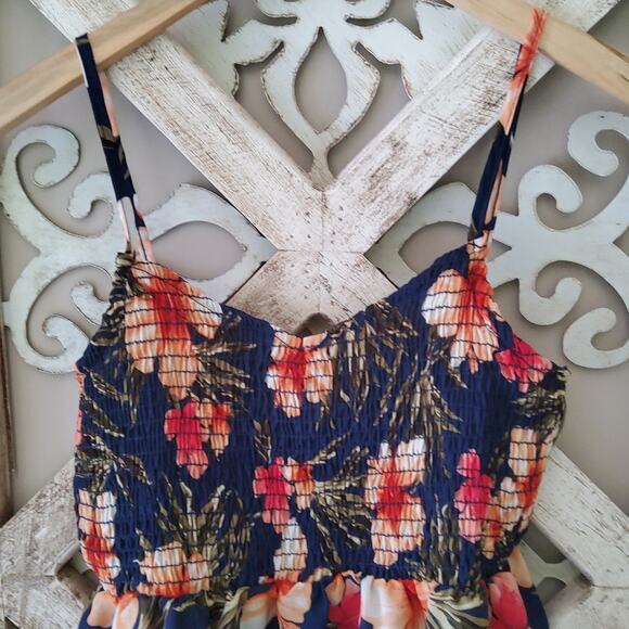 Perfect Peach Babydoll Peplum Flowy Smocked Tank Top Tropical Hibiscus Hawaiian - Picture 2 of 8